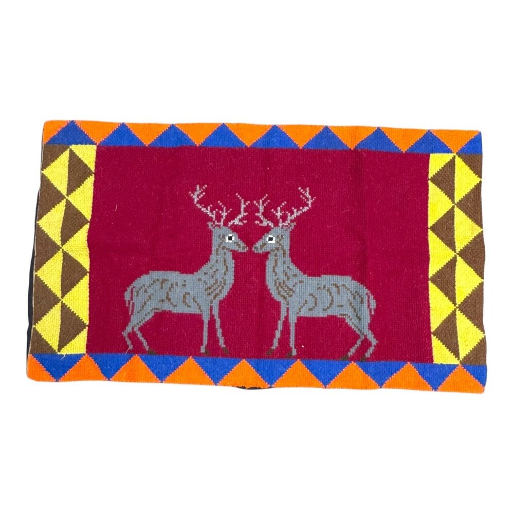 Vintage Handwoven Wool Tapestry Rug Buck Elk Deer Design 36"x21 Red Wall Hanging